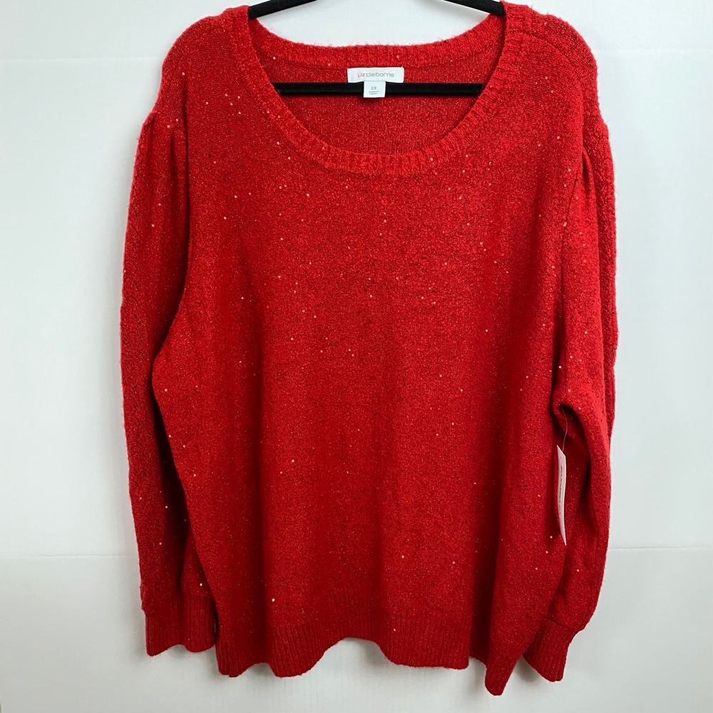 Liz Claiborne Sequin Knit Sweater Womens 3X Red Shimmer Holiday Festive Glam NWT